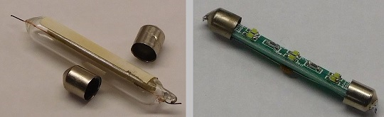 original cartridge lamp with end-caps removed, and a new LED-based lamp with recycled end-caps