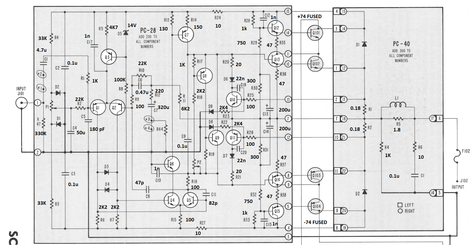 Stereo 410 schematic with annotated values