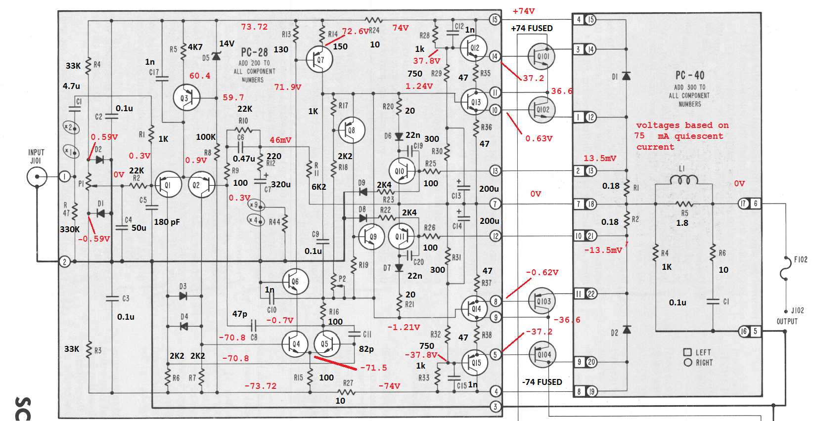 Stereo 410 schematic with annotated values and voltages
