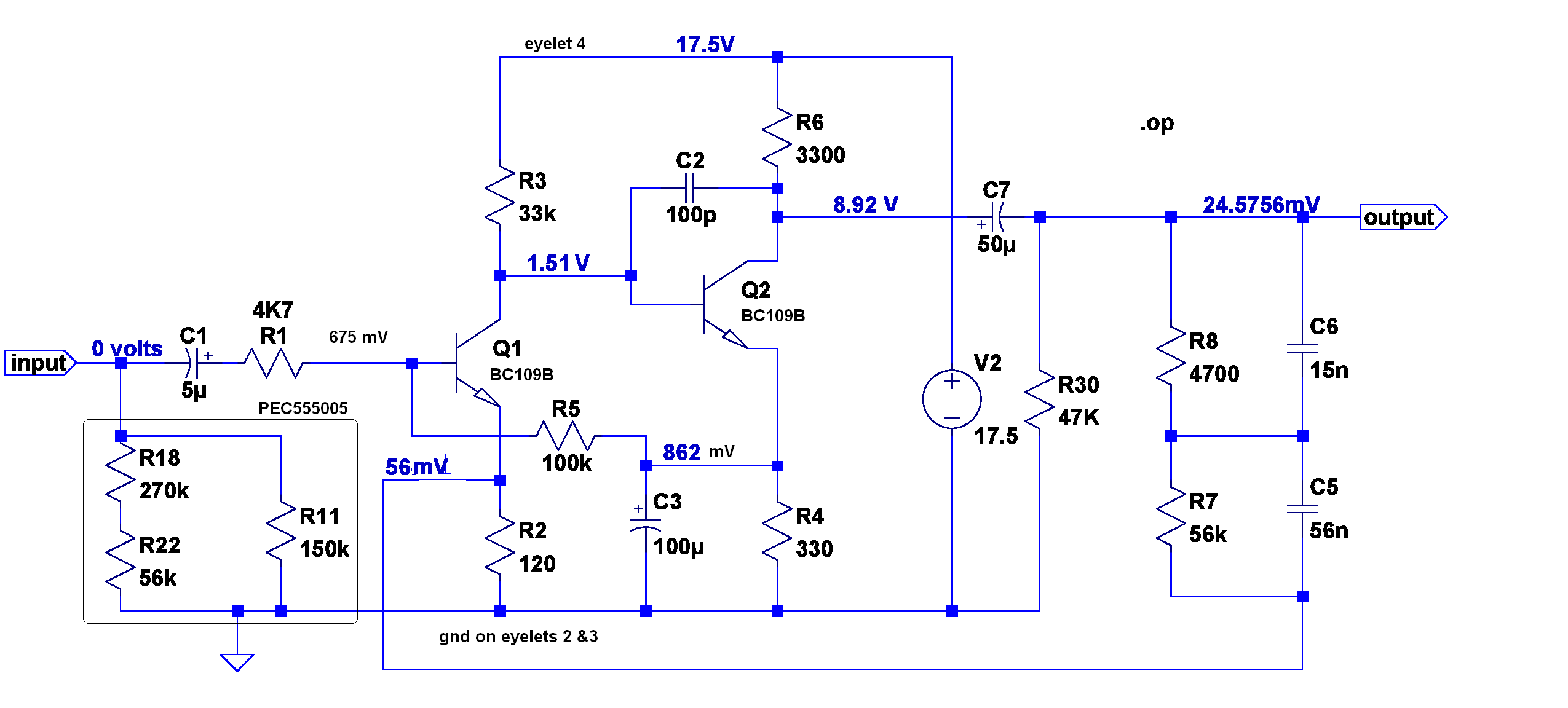 phono preamp schematic with DC bias voltages annotated