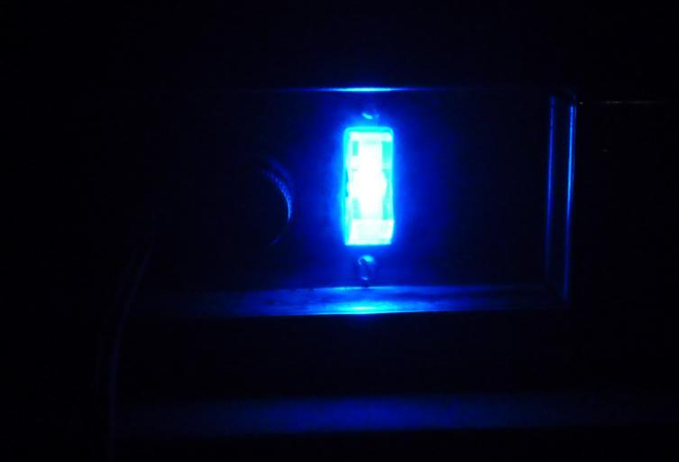 rocker switch with blue LED in a dark room